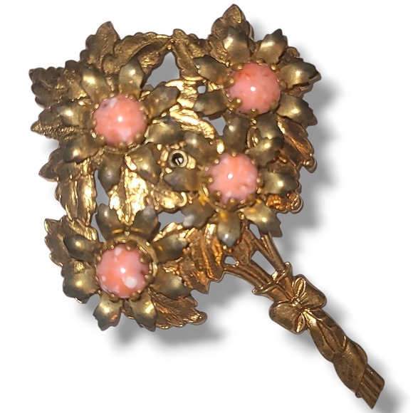 Estate Jewelry - Vintage Gold Tone Floral Bouquet Brooch Pink Cabochon Rhinestone Pin Mid Century